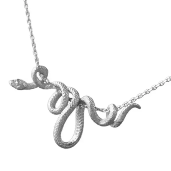 Silver Coiled Hanging Serpent Snake Pendant Gothic Biker Punk Necklace - Picture 4 of 7